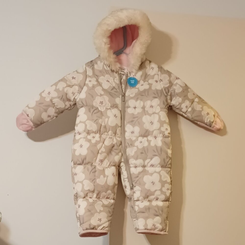 NWT~Carter's 1-Piece Faux Fur-Trimmed Hooded Floral Printed Snowsuit, 6-9 months